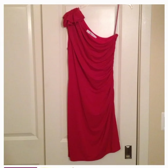 badgley mischka red one shoulder dress BADGLEY MISCHKA One-shoulder cape-effect crepe gown